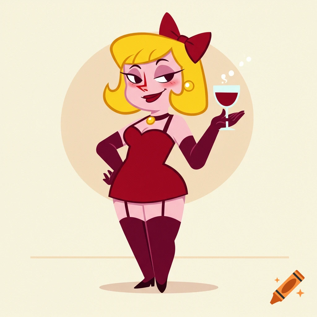 A cartoon woman with blonde hair, a red bow, and a red dress holds a glass of wine.