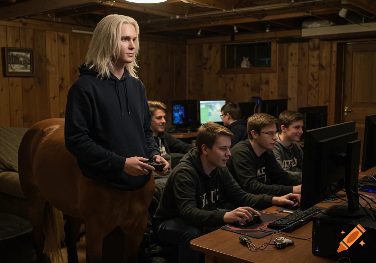 A blond centaur in a hoodie holds a controller, standing among friends playing computer games at a LAN party in a wooden-paneled basement.