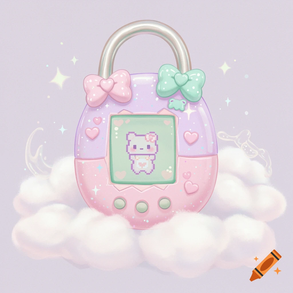 A pastel-colored Tamagotchi shaped like a padlock, featuring a pixelated white bear on its screen, resting on fluffy clouds with sparkling stars.
