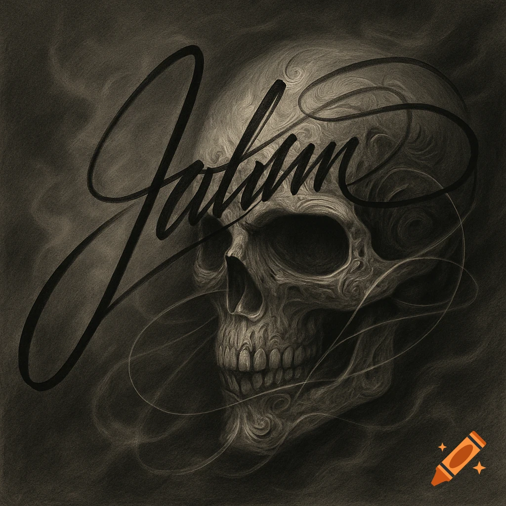 Detailed monochrome illustration of a skull with swirling lines and a large, stylized cursive signature overlaying it.