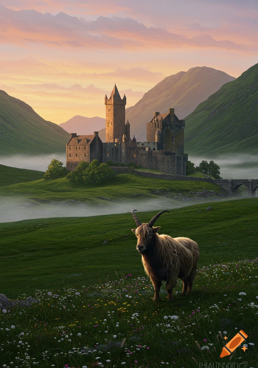 A shaggy goat stands in a misty, flowery field before a stone castle nestled in a valley between green mountains at sunset.