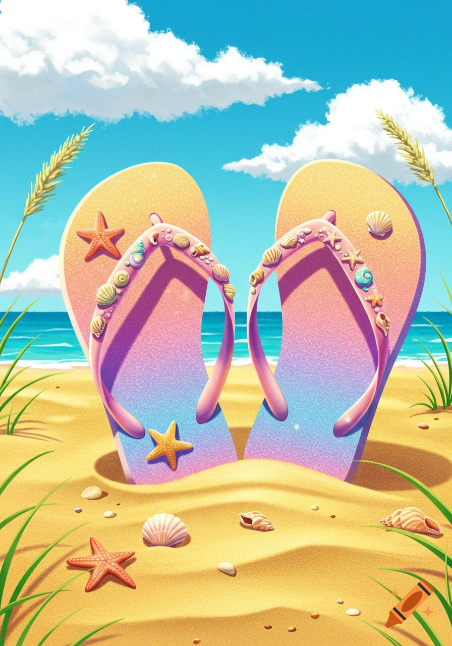 Two colorful, whimsical flip-flops with seashell and starfish decorations on a sandy beach by the ocean under a blue sky.