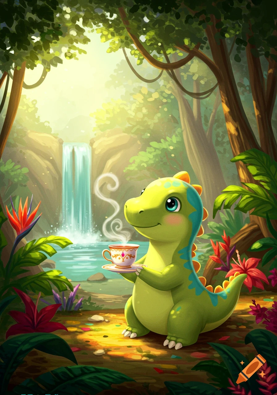 A cute cartoon dinosaur holds a teacup in a vibrant jungle scene with a waterfall and lush foliage.