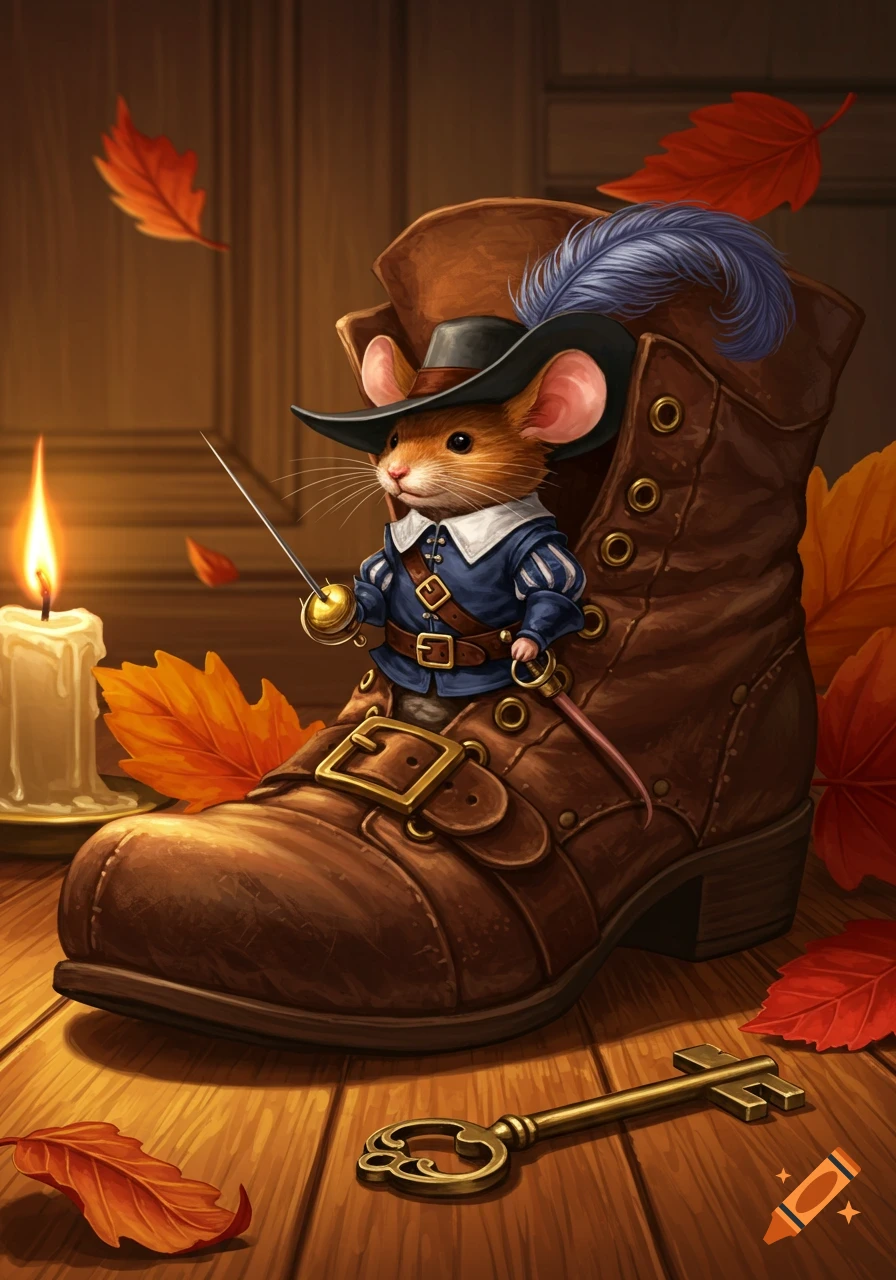 A cartoon mouse dressed as a musketeer sits inside a large brown boot on a wooden floor, with autumn leaves, a lit candle, and a golden key nearby.