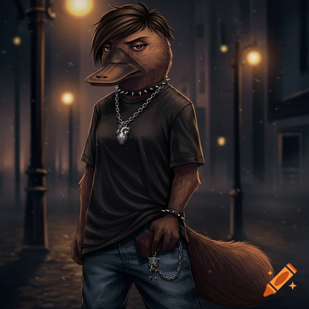 A moody platypus fursona with dark hair, wearing a black t-shirt, baggy jeans, a studded collar, and chains, standing on a rainy street at night.