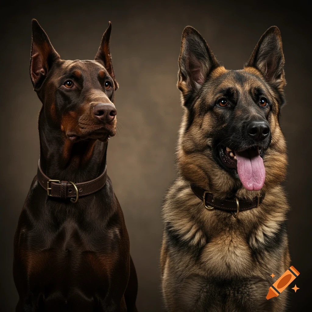 Photorealistic portrait of a brown Doberman and a sable German Shepherd sitting side by side against a blurred background.