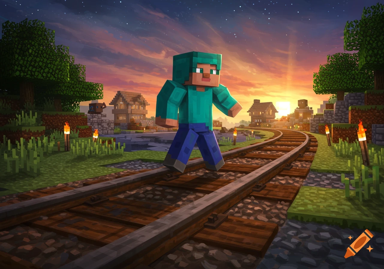 A Minecraft character walking along train tracks through a blocky village at sunset.