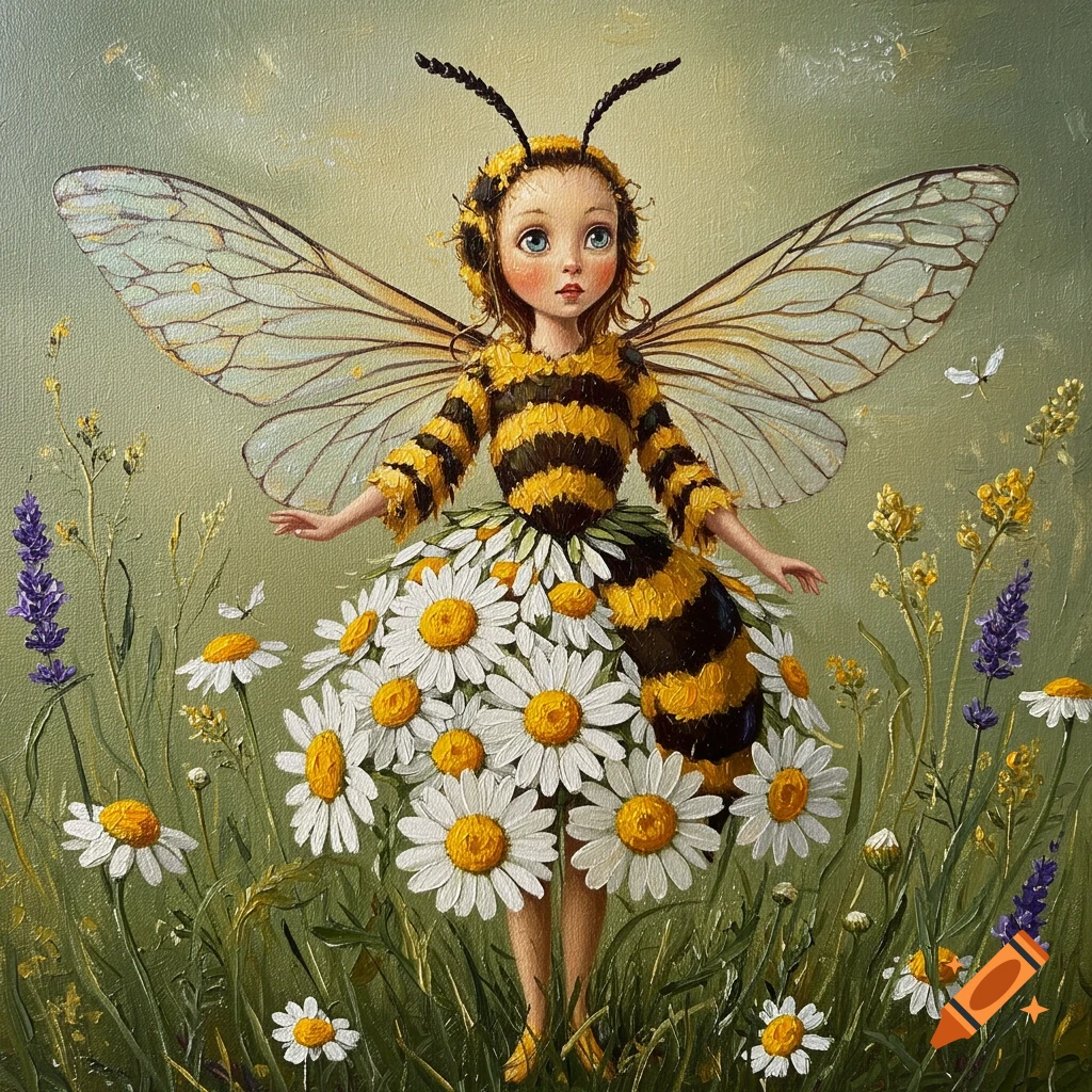 Oil painting of a magical girl with bee features and chamomile skirt, standing in a flower field.
