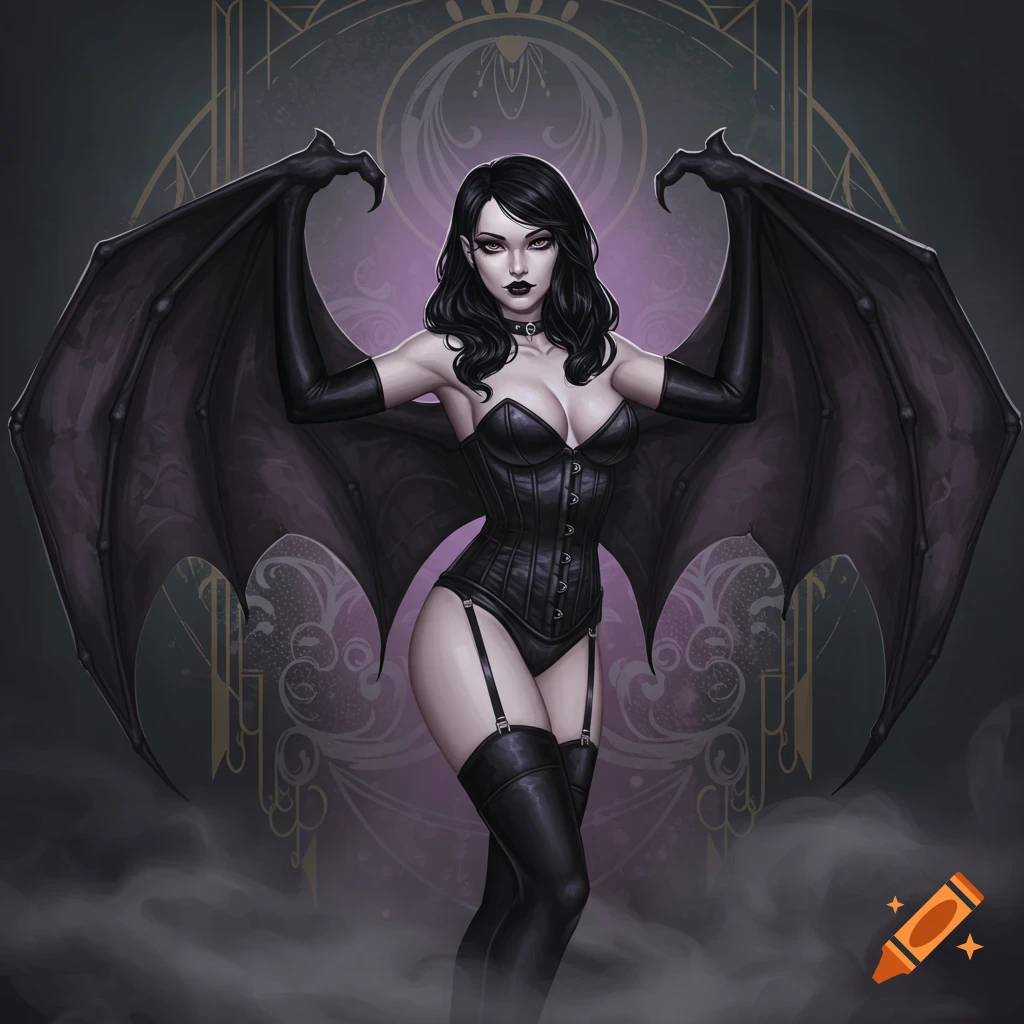 A gothic pin-up illustration of a dark-haired woman with bat wings, wearing a black corset, garters, and stockings.