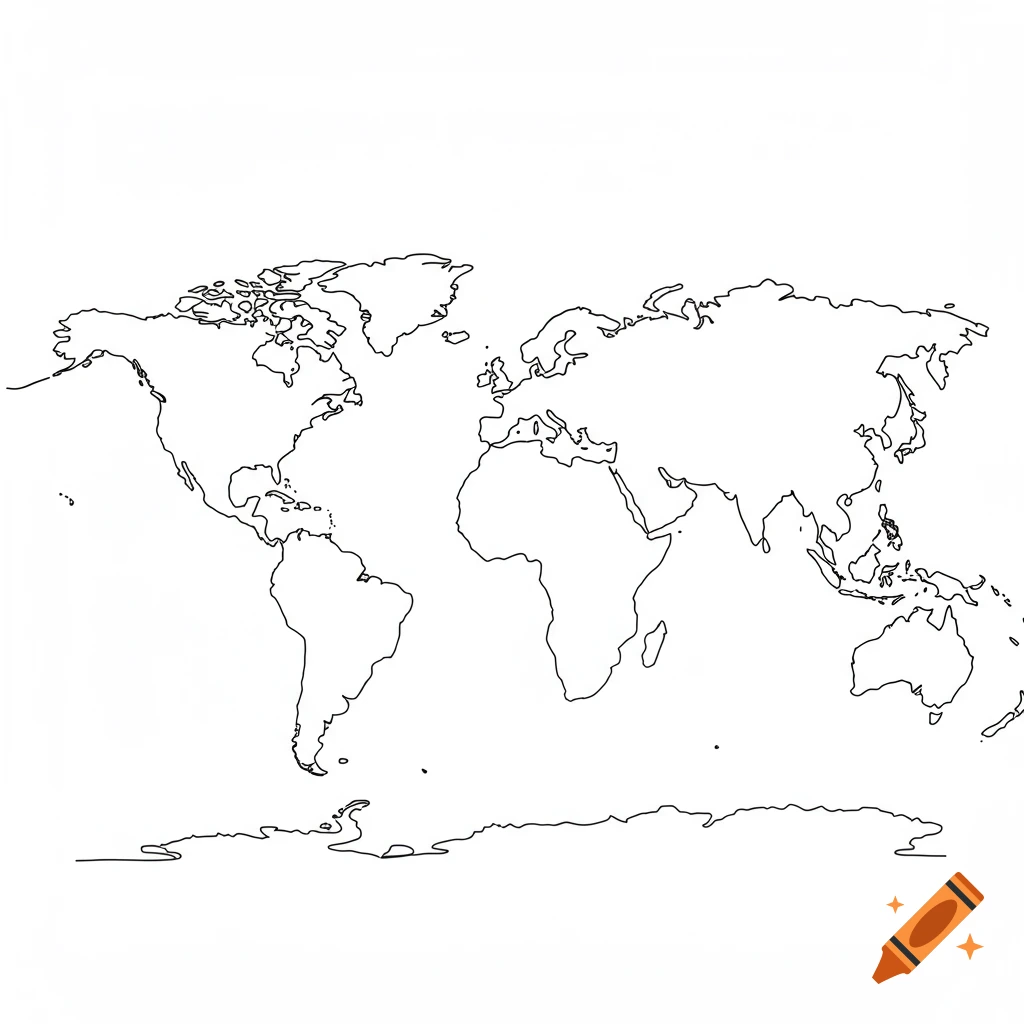 Black and white line art illustration of a world map showing continents and landmass outlines.
