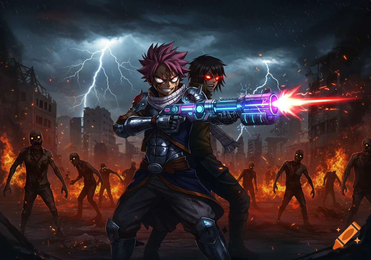 Anime characters fight zombies with a futuristic gun in a destroyed city under a lightning storm.