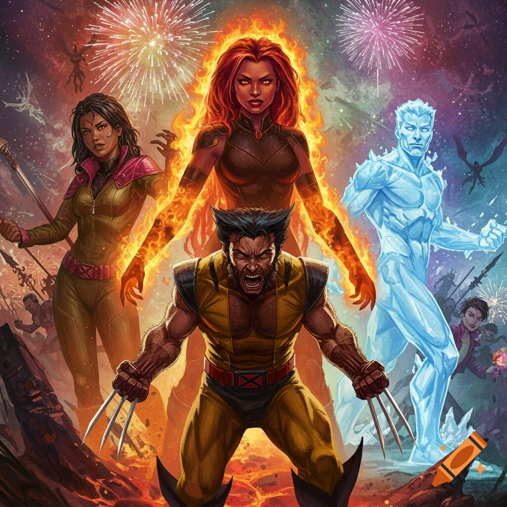 Four X-Men characters, including Wolverine, Jean Grey as Phoenix, and Iceman, stand heroically amidst fireworks and fiery explosions in a comic book art style.