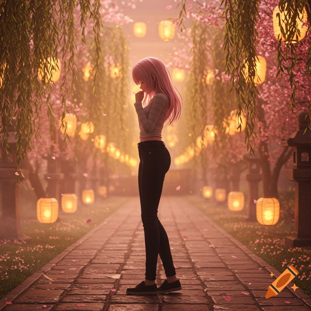Anime girl with pink hair in a shy pose on a path lined with cherry blossom trees and glowing lanterns.