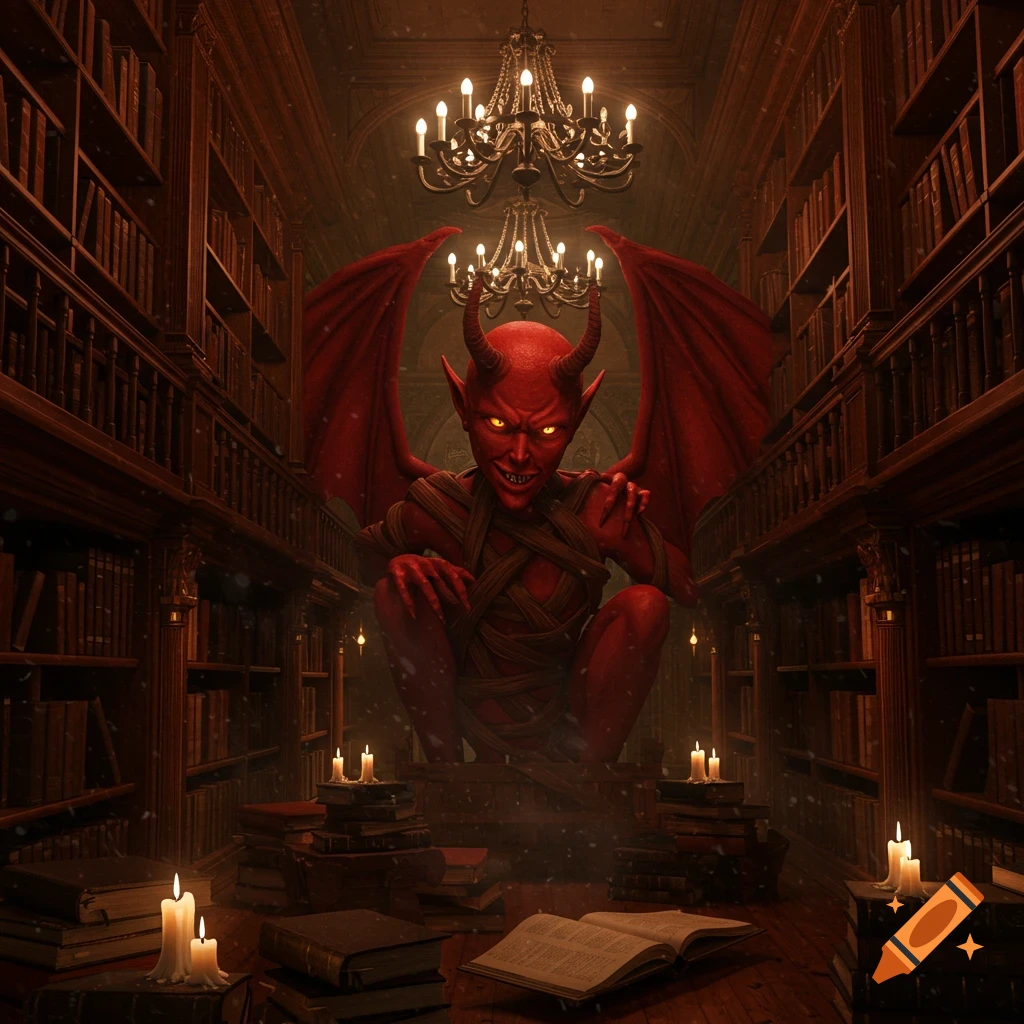 A red horned, winged devil crouches in a dark, ornate library, lit by chandeliers and candles, surrounded by books.