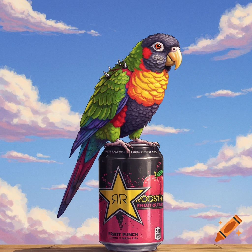 A colorful parrot with spikes on its back perches on a pink Rockstar energy drink can, against a blue sky with clouds.
