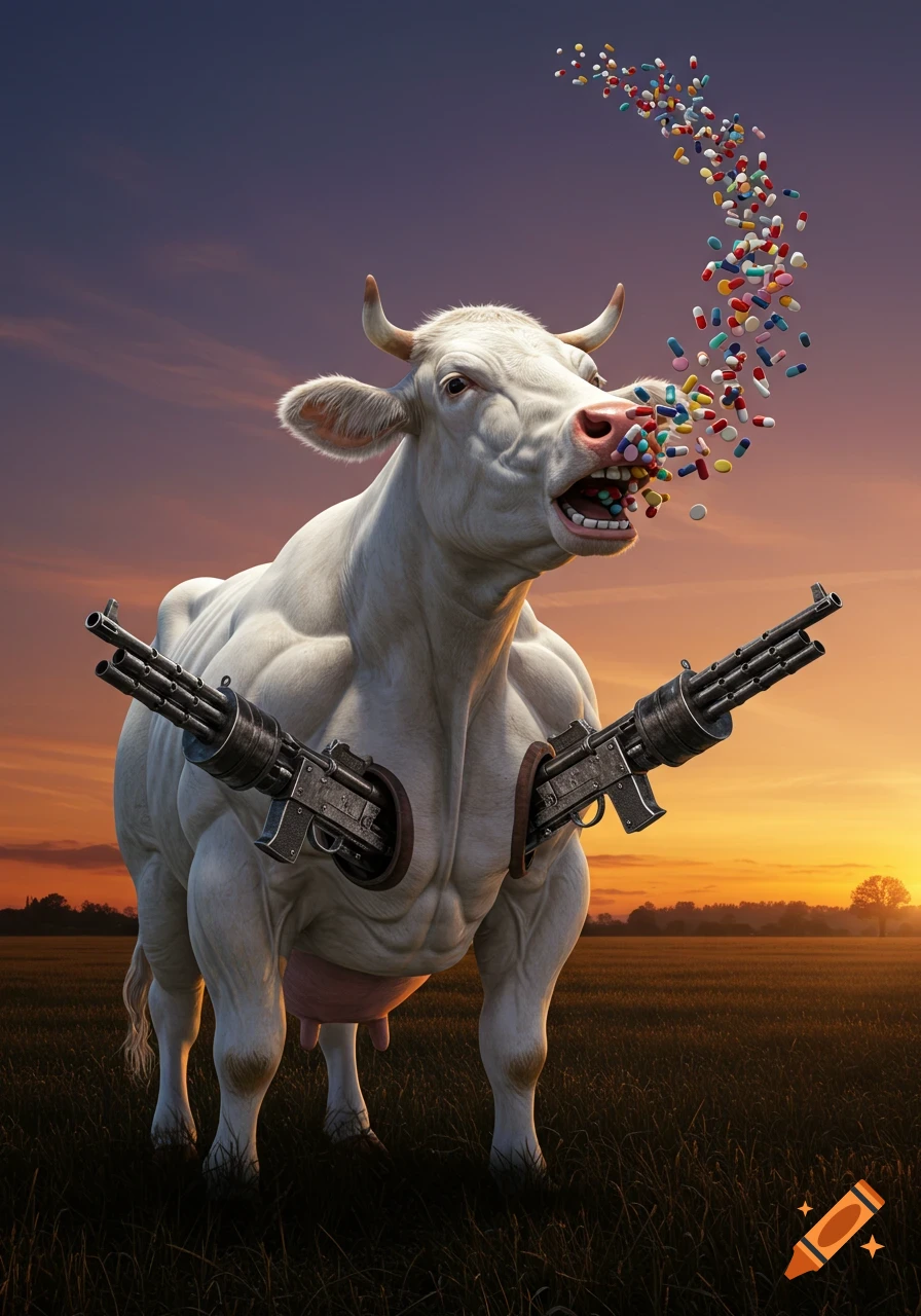A muscular white cow with machine guns in its chest and colorful pills streaming from its mouth stands in a field at sunset.