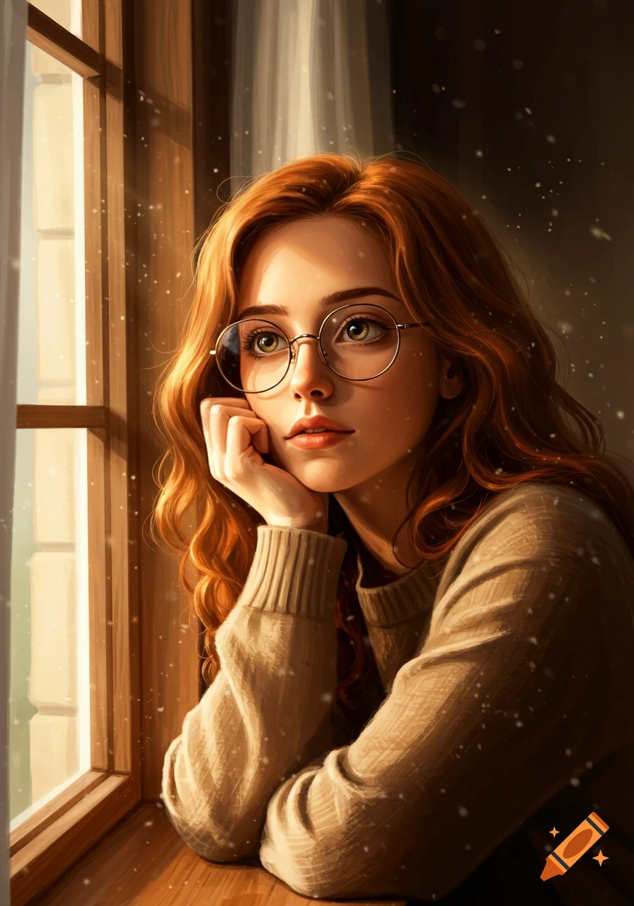 A young woman with red hair and glasses looks pensively out a sunlit window in a digital art style.