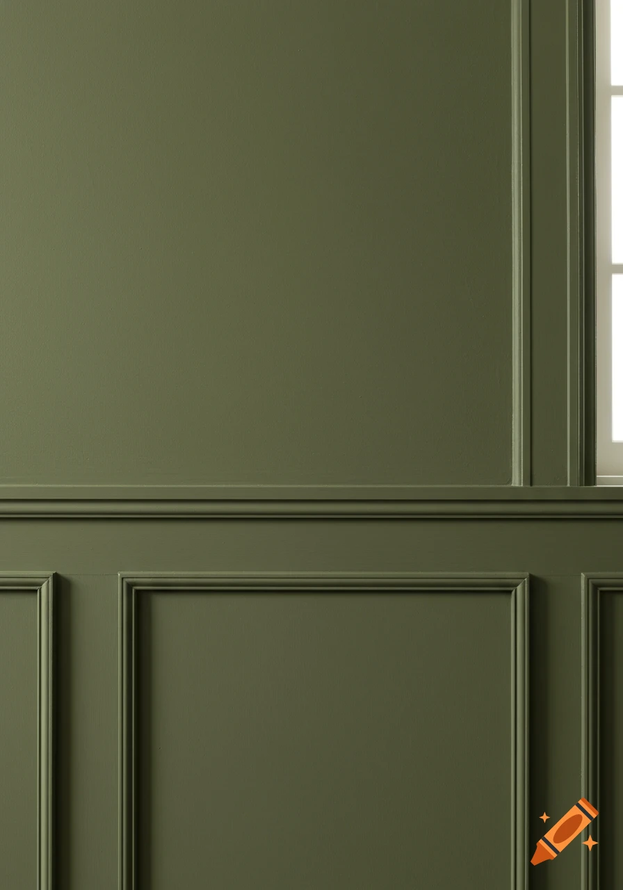 A green wall with wainscoting panels on the lower half, next to a window.