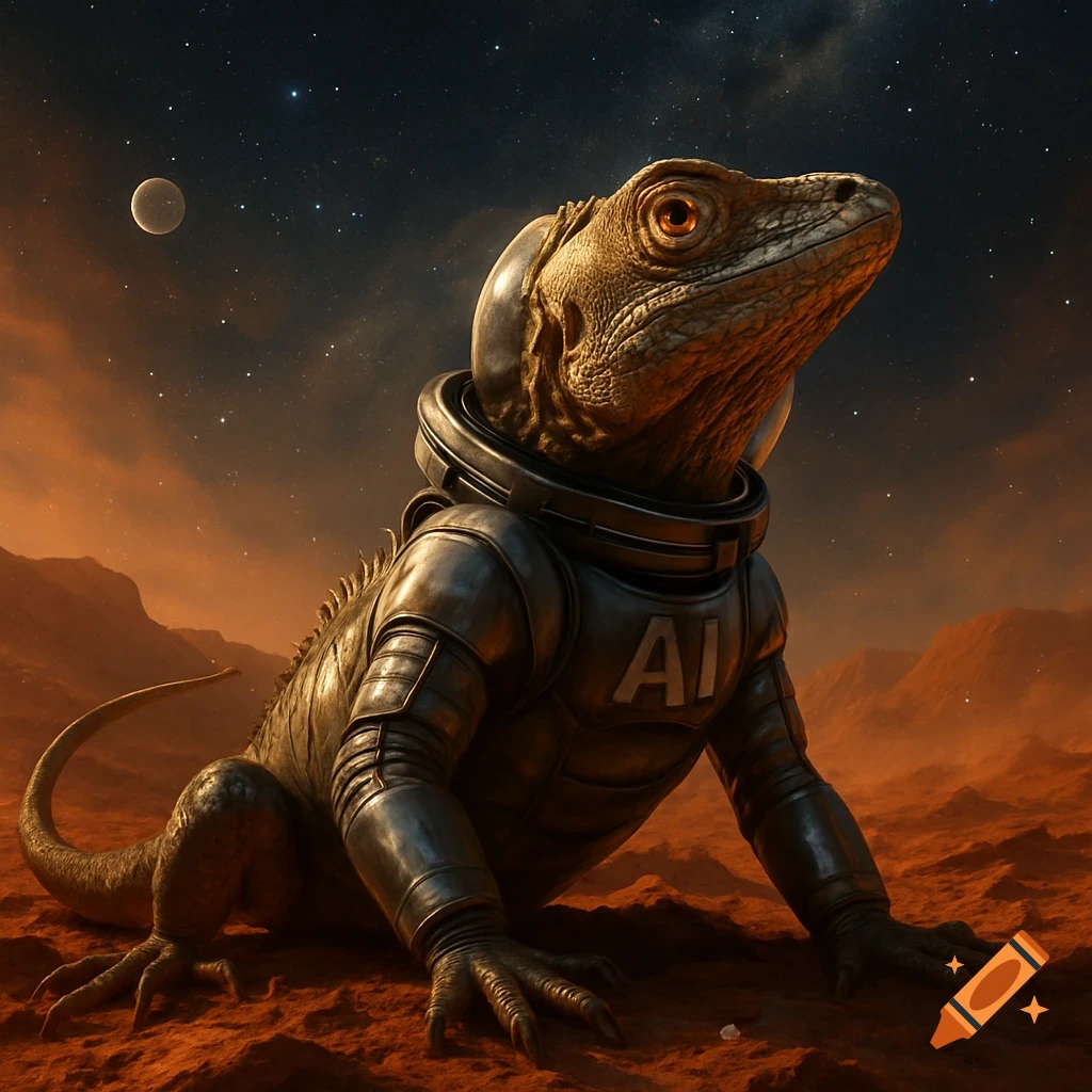A basilisk wearing an astronaut suit with 'AI' on it, stands on the red, rocky surface of Mars under a starry sky with a moon.