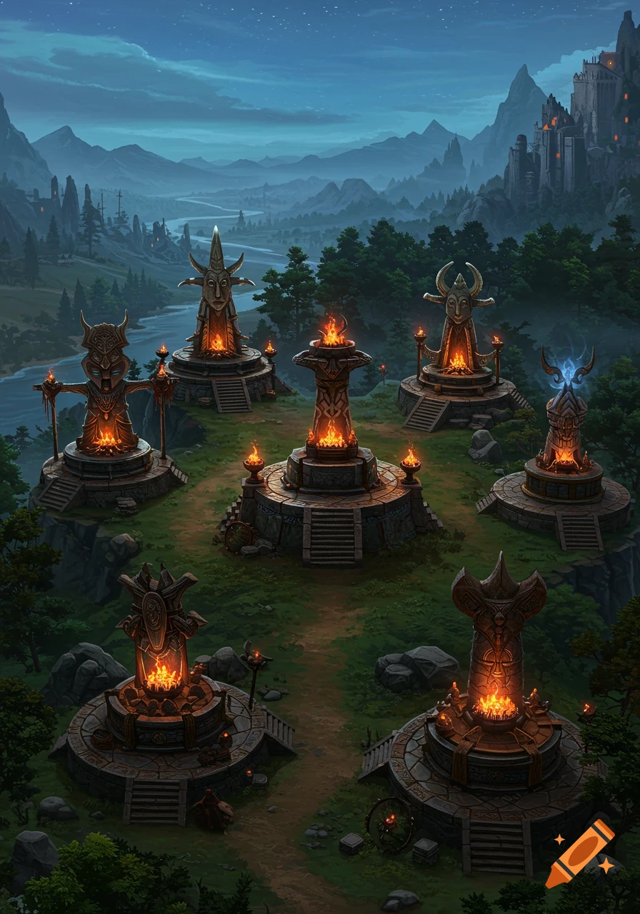 Multiple ancient stone altars with glowing fires on a grassy hill, overlooking a river and mountains under a twilight sky with a distant castle.