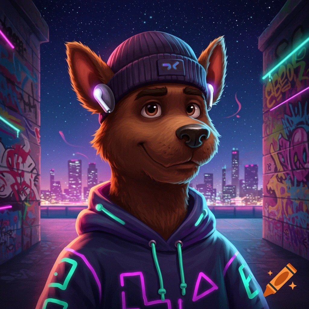 A cartoon brown dog with a beanie and hoodie stands on a rooftop at night, overlooking a neon-lit city.