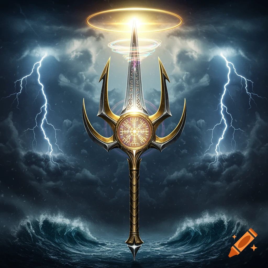 A glowing golden trident-like weapon with a sword blade and a central glowing symbol, set against a stormy sky with lightning and crashing waves.