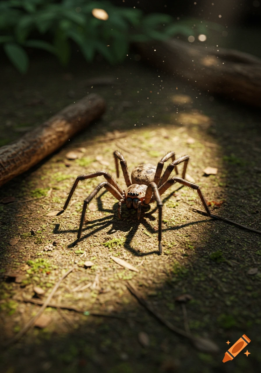 A large brown spider on a forest floor, illuminated by a beam of sunlight. Photorealistic style.