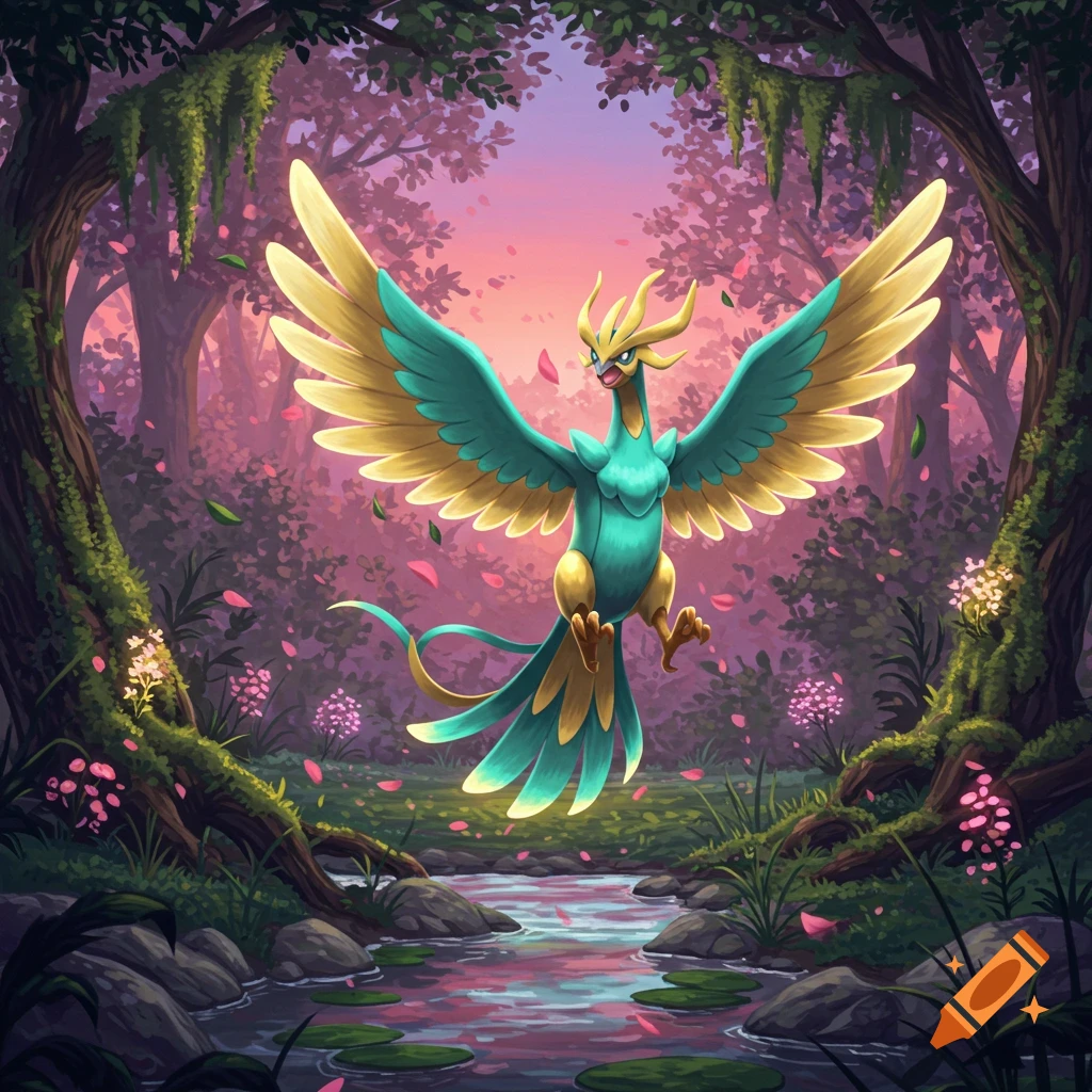 A vibrant teal and gold bird-like creature with large wings hovers over a stream in an enchanted pink and green forest at sunset.