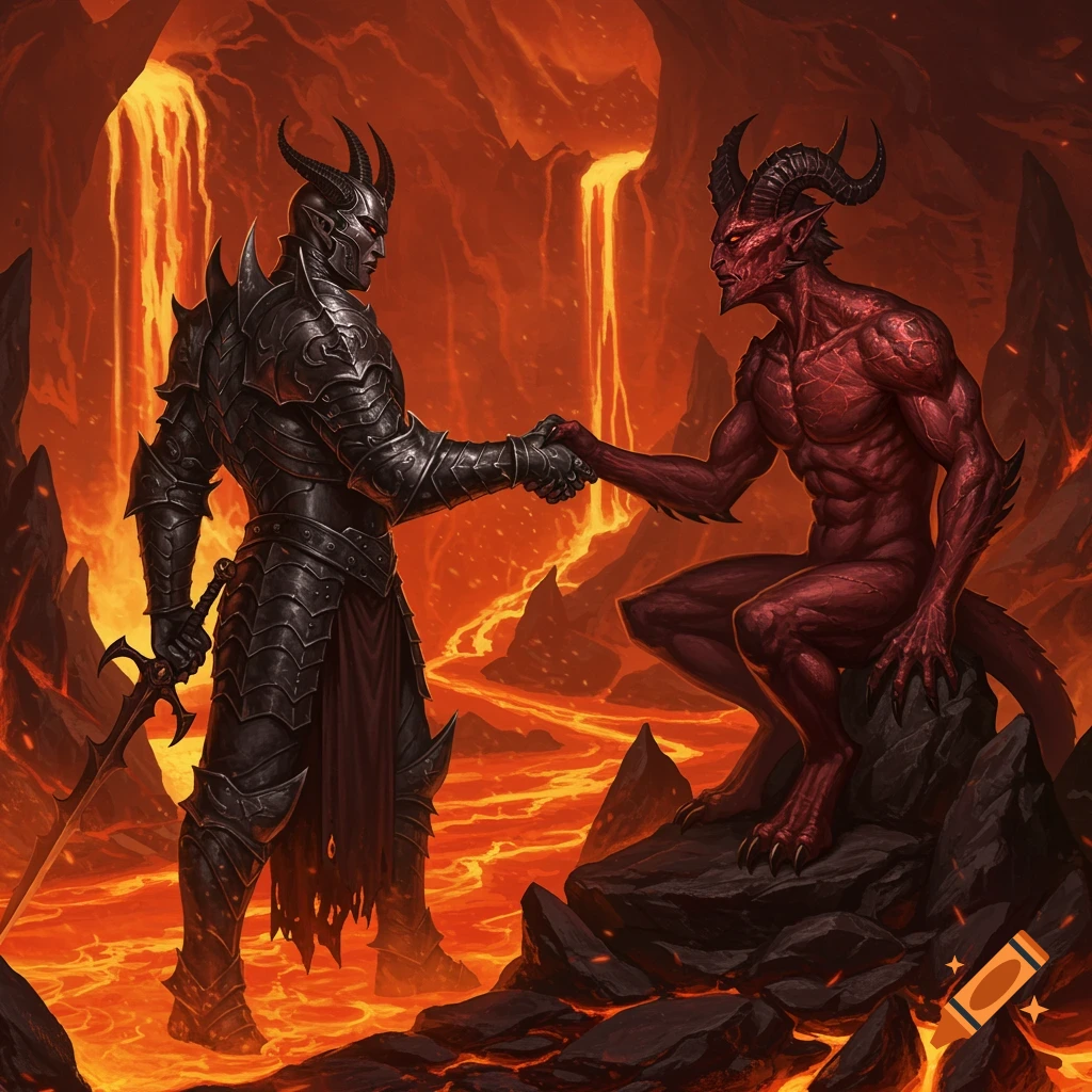 Two detailed demonic figures, one armored and one red-skinned, shake hands in a fiery, lava-filled hellscape.