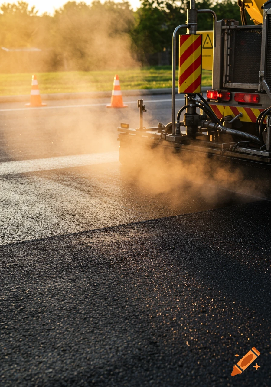 A sealcoating machine applies sealant to a road, emitting steam under the warm light of sunrise or sunset, with traffic cones in the background.