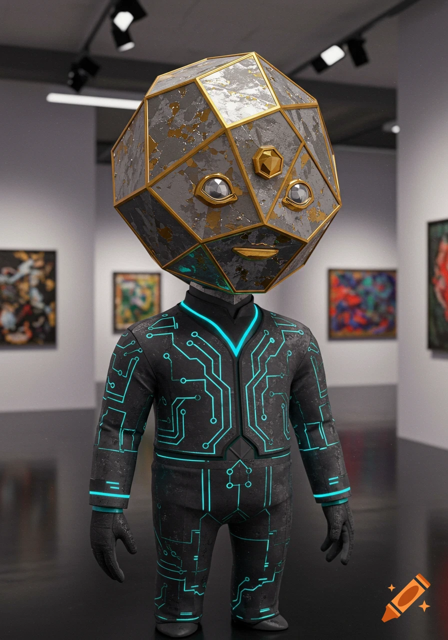 A geometric humanoid figure with a gray and gold dodecahedron head and a black suit with glowing blue circuits stands in an art gallery.