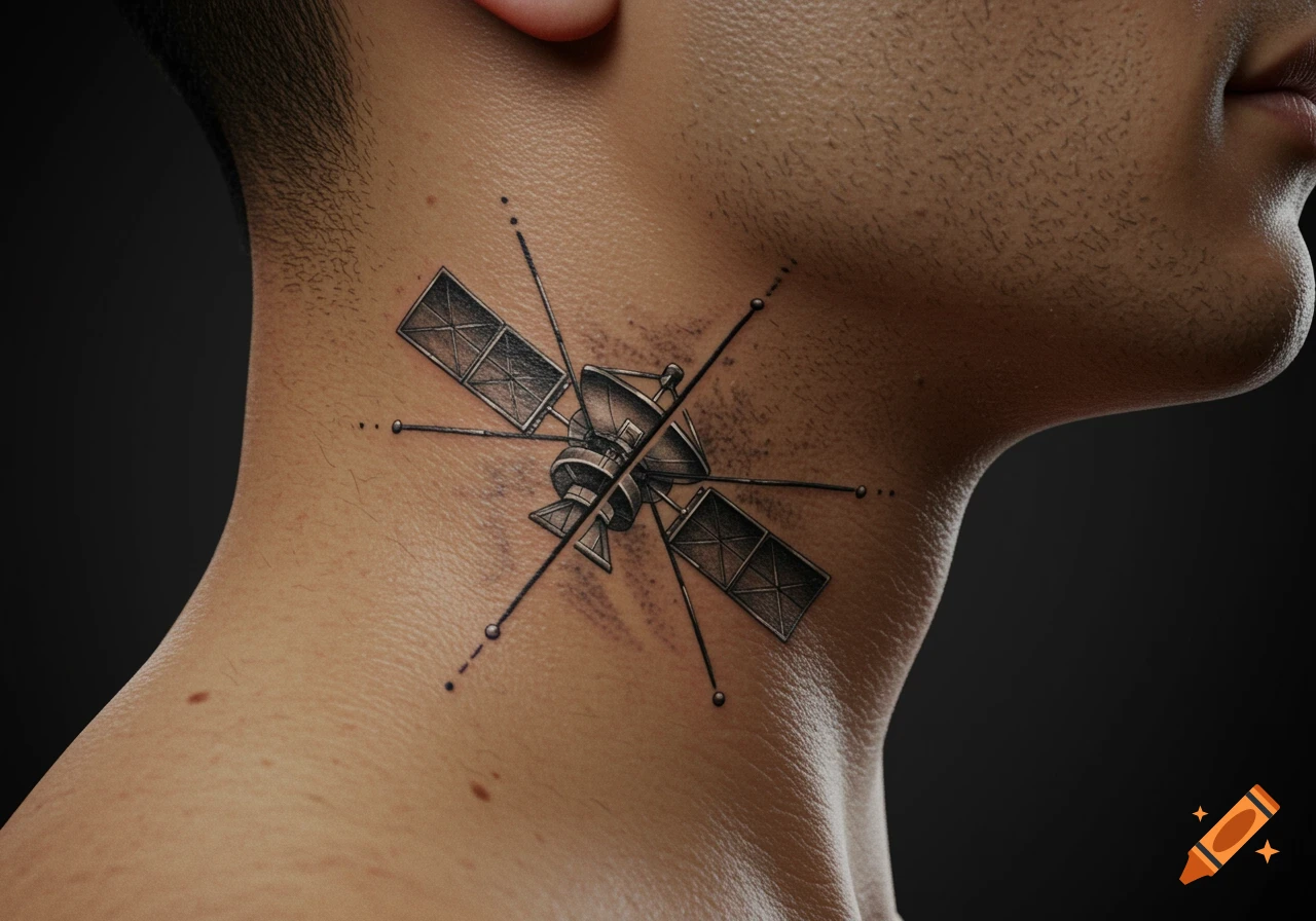 A photorealistic image of a satellite antenna tattoo on a person's neck.