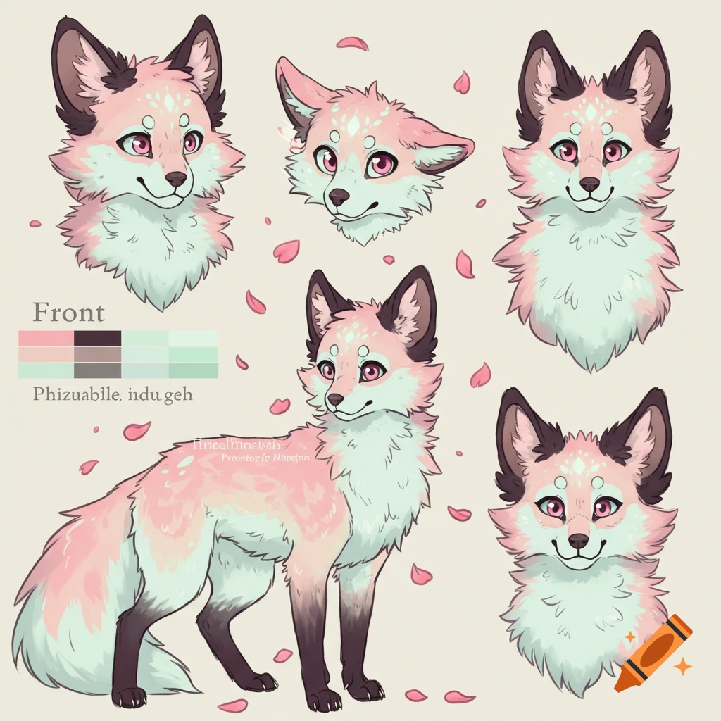 A character reference sheet of a cute pastel pink and mint green fox with black paws, multiple head views, and a full body view, surrounded by pink petals.