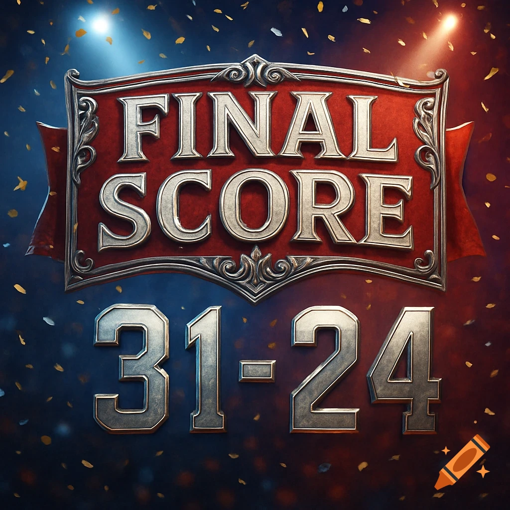 A red and silver banner with 'FINAL SCORE' and '31-24' below, surrounded by golden confetti and spotlights on a dark background.