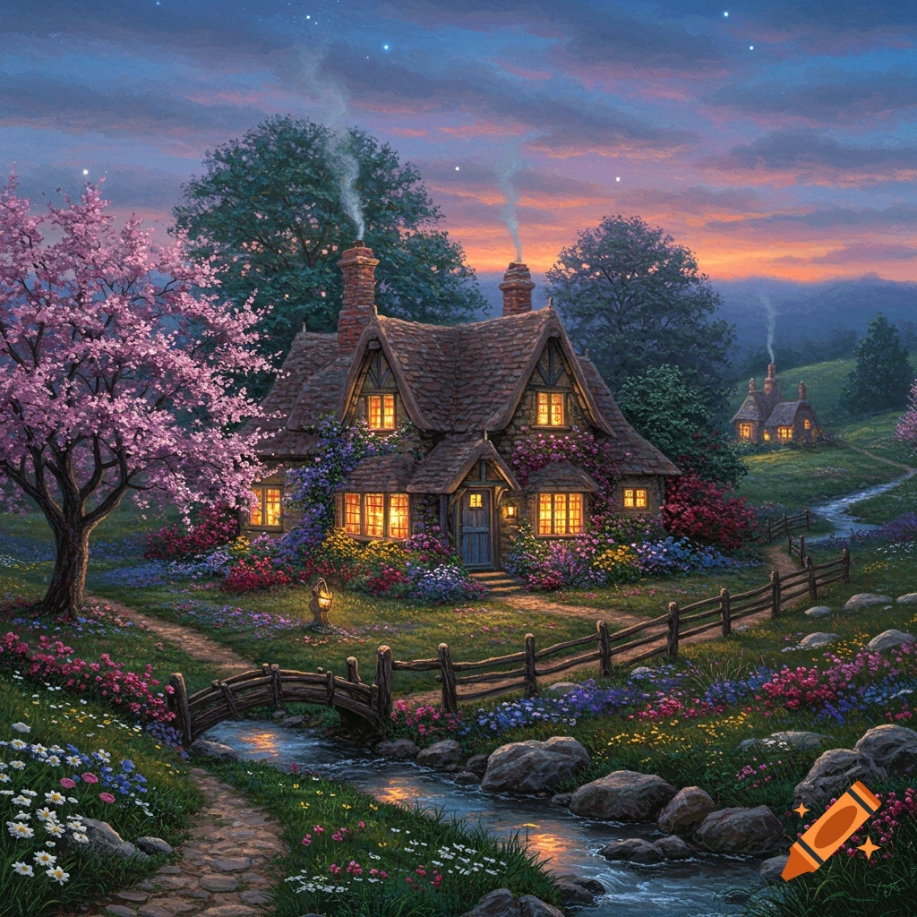 A cozy cottage with glowing windows surrounded by lush flowers and trees, a stone path leading over a small bridge, under a twilight sky.