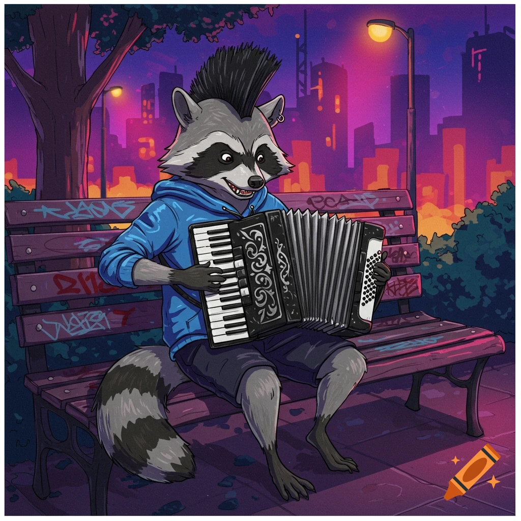 A cartoon raccoon with a black mohawk plays an accordion on a park bench with a city skyline at dusk.