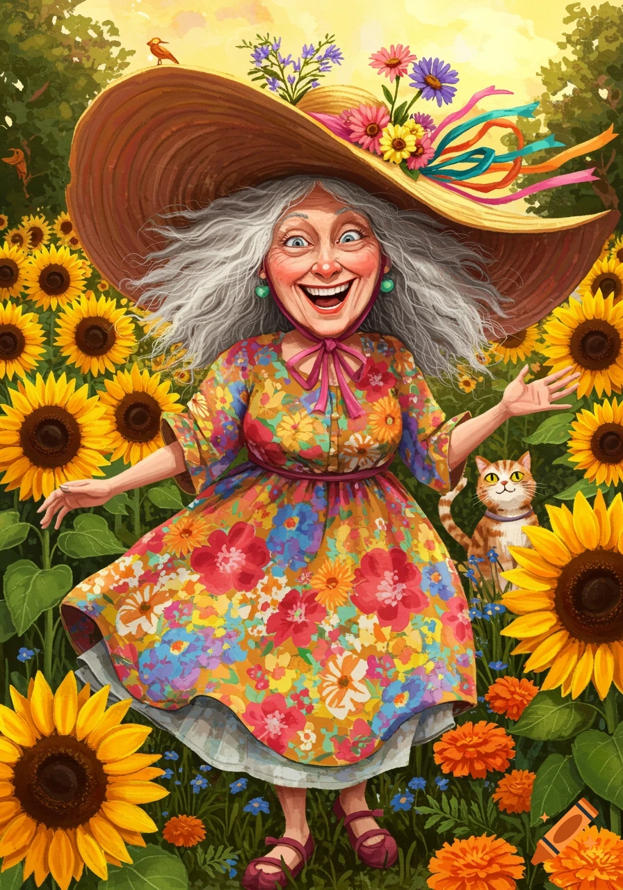 Whimsical illustration of a smiling old woman in a floral dress and wide-brimmed hat surrounded by sunflowers and a cat.