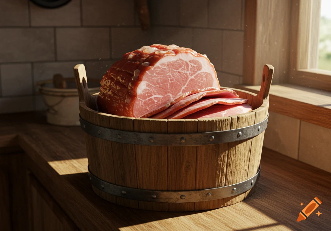 A photorealistic image of a large, partially sliced ham in a wooden bucket on a rustic kitchen counter.