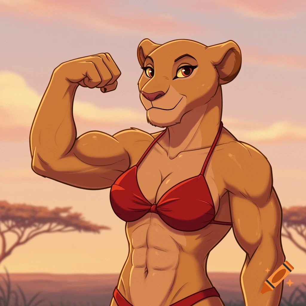 A muscular anthropomorphic lioness in a red bikini flexes her bicep in a 2D Disney animation style against a sunset safari background.