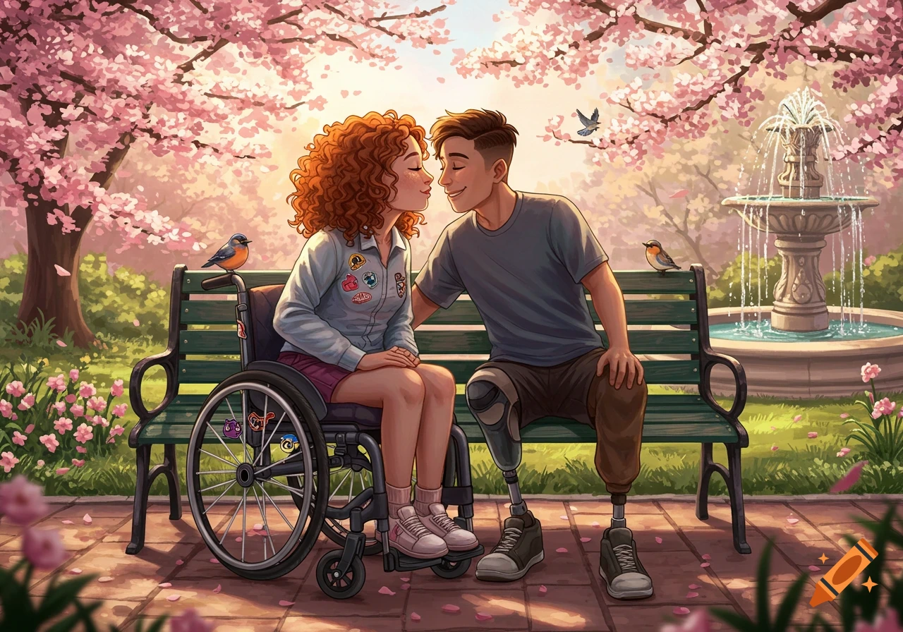 An illustration of a disabled couple in a park during spring. A woman in a wheelchair and a man with prosthetic legs sit closely on a bench under cherry blossoms, about to kiss.
