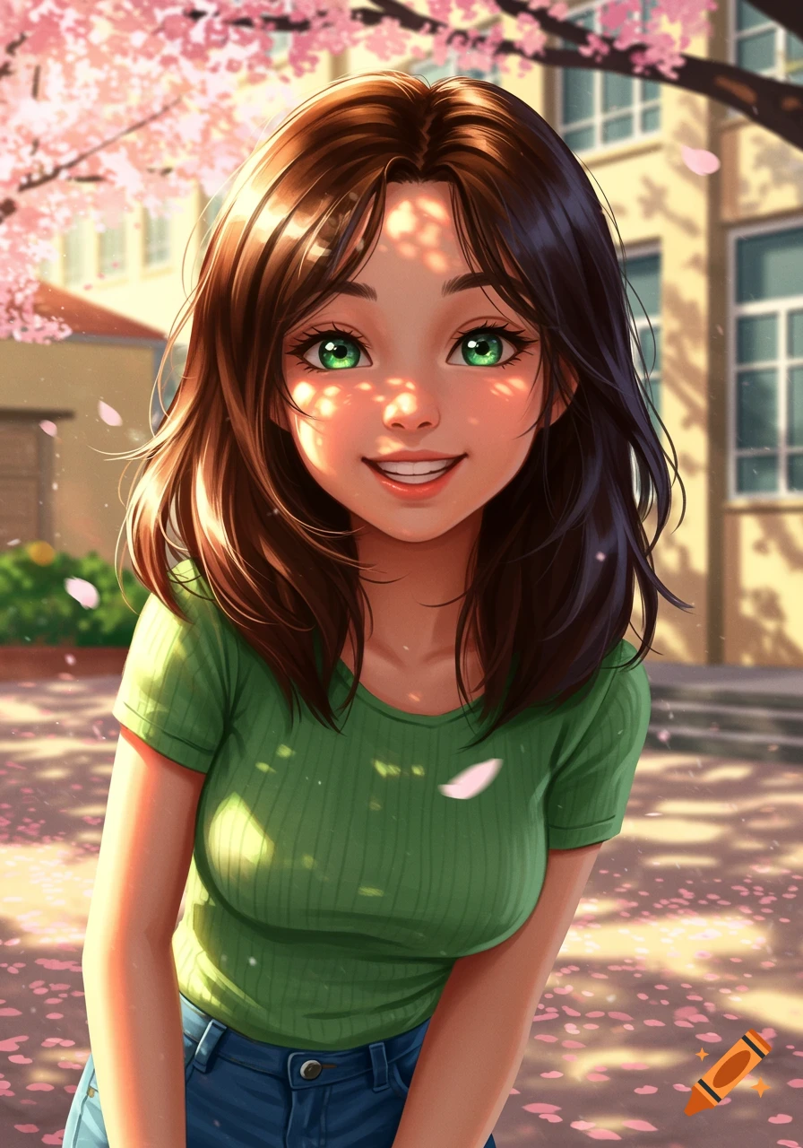 A smiling anime girl with brown hair and bright green eyes, wearing a green shirt and jeans, stands outdoors surrounded by pink cherry blossoms.