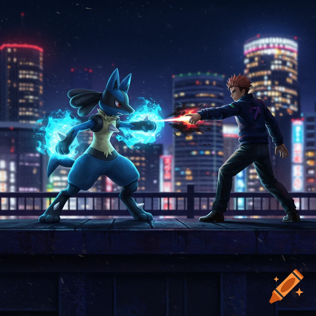 Lucario and a human character in a dynamic anime-style battle on a rooftop at night, surrounded by glowing city buildings.