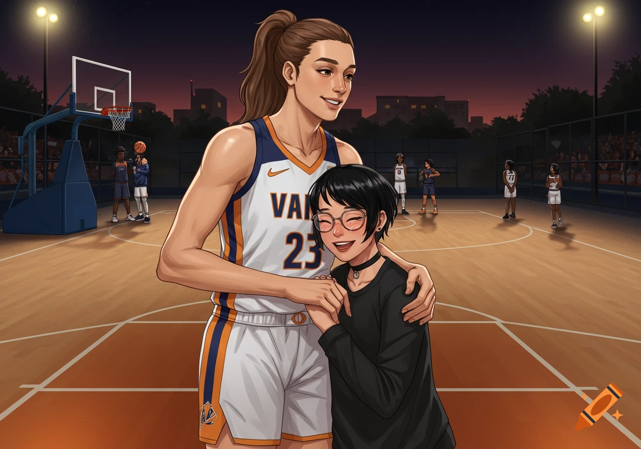 A tall female basketball player in uniform hugs her shorter girlfriend with glasses on a basketball court at dusk.