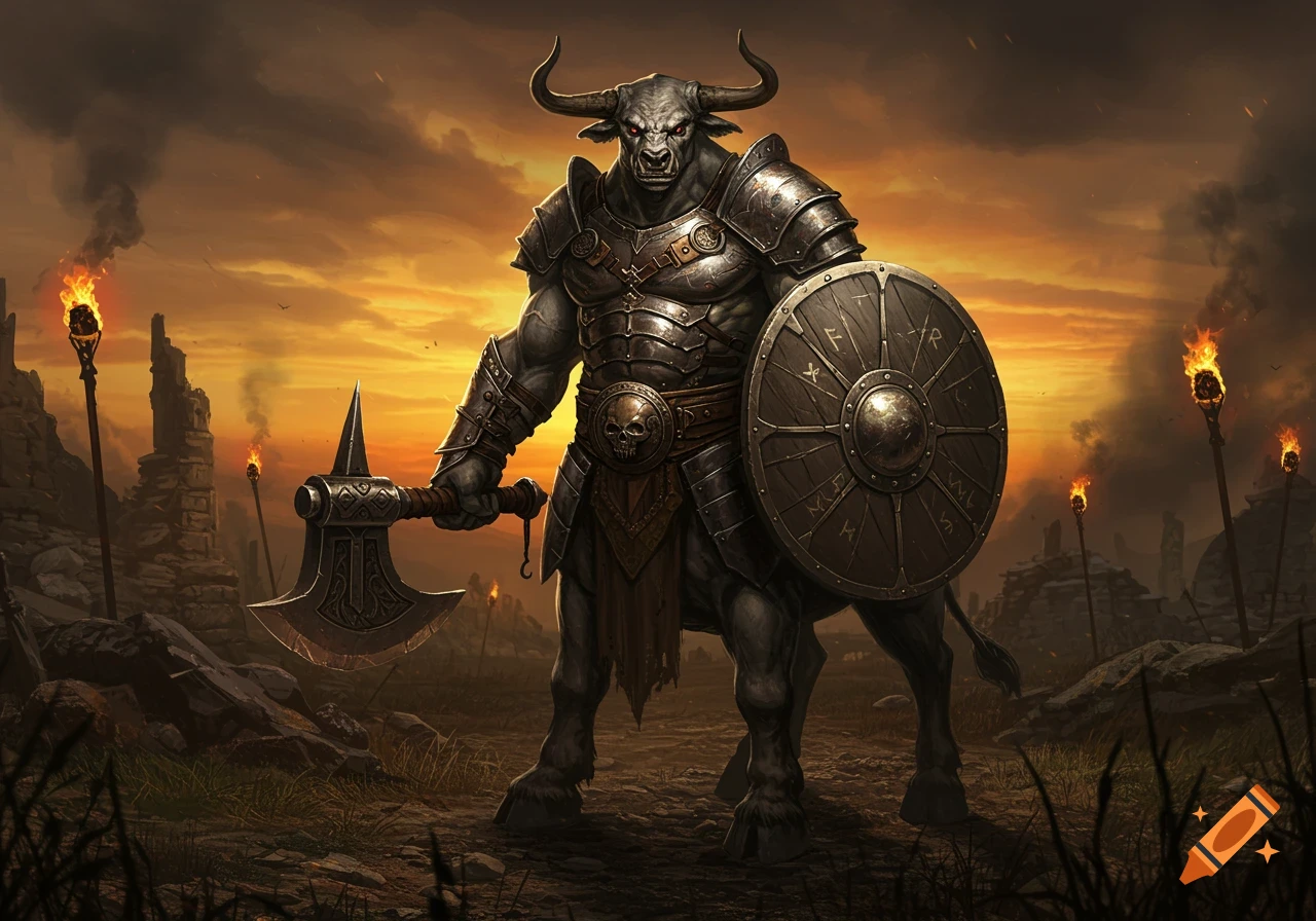 A heavily armored minotaur-like creature, holding a large axe and a shield with runes, stands amidst ruins with torches under an orange sky.