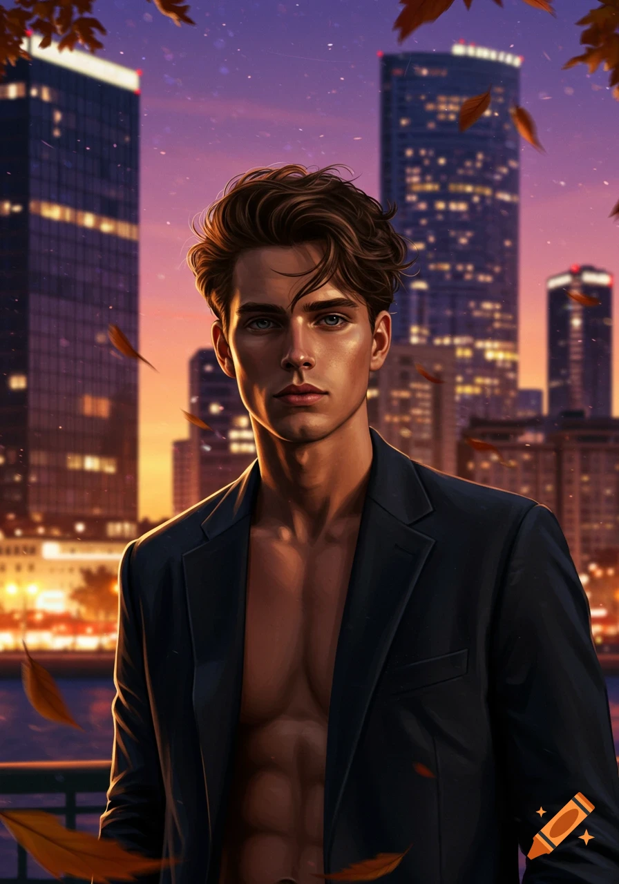 Handsome young man in an open blazer against a city skyline at sunset with falling leaves.