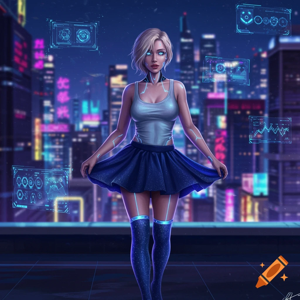 A blonde cyborg woman in a tank top and skirt stands on a rooftop overlooking a neon-lit cyberpunk city with holographic displays.