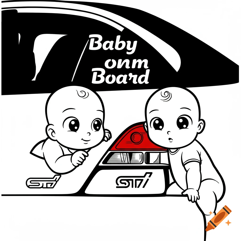 Black and white cartoon decal featuring two babies looking at a car's tail light, with text 'Baby onm Board' and STI logos.