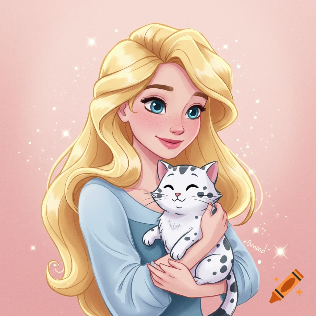 An animated Disney Princess style blonde girl in a blue shirt holds a white cat with black spots against a pink background.