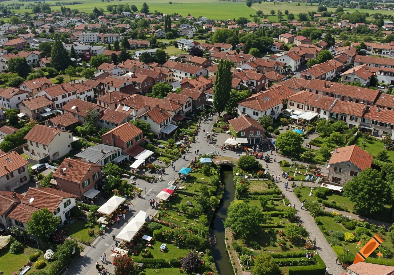 Aerial view of a small town with red-roofed houses, green trees, a winding canal, and people gathered in squares with market stalls.