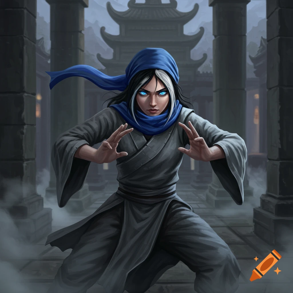 A young woman with glowing blue eyes, black and white hair, and a blue headscarf, in grey robes, in a combat stance in a misty temple.